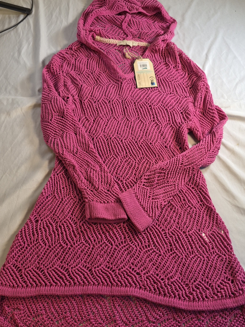 Paradise Shores Bright Pink Open Knit Hooded Sweater With Hoodie for the Beach M
